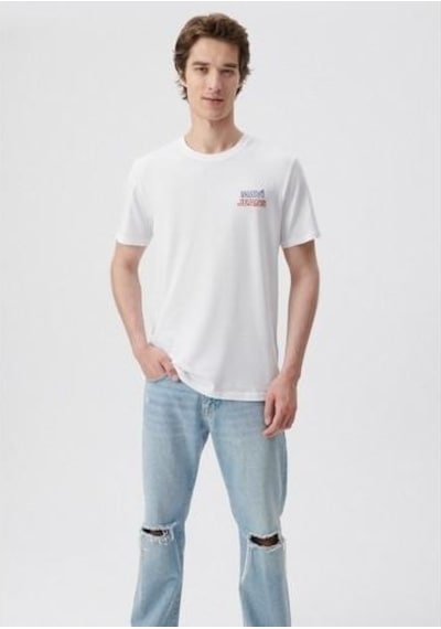 Mavi M066841-620 Beyaz Erkek Mavi Baskılı T-shirt Beyaz