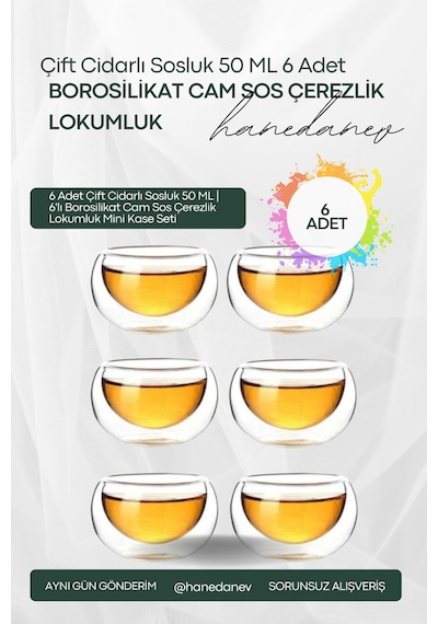6 Adet Çift Cidarlı Sosluk 50 Ml 6'lı Borosilikat Cam Sos Çerezlik Lokumluk Mini Kase Seti Şeffaf