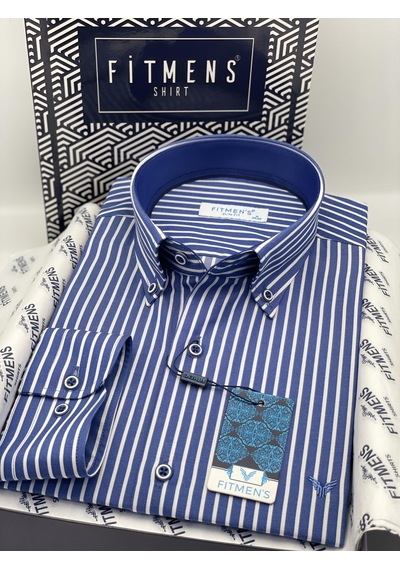 Slim Fit Uzun Kol Premium Kalın Çizgili Yaka Düğmeli Hediye Kutulu Kolay Ütülenebilir Erkek Gömlek Fs-001375 - Saks Mavi-1488