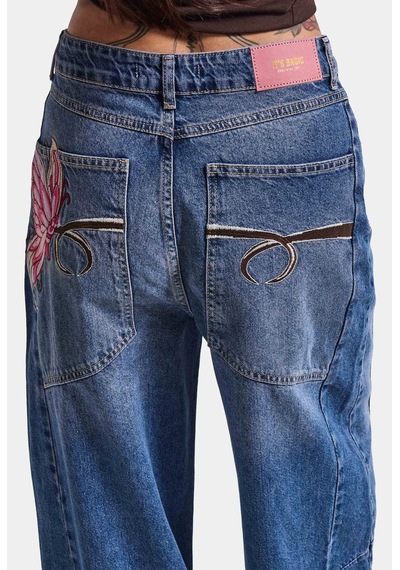 Kadın Koyu Mavi 2w6-1 Mega Barrel Fit Nakış Özel Tasarım Denim Jean