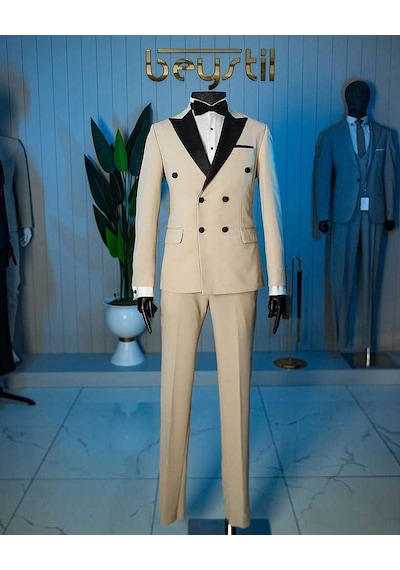 Bys Beystil Sivri Yaka Krem Damatlık & Smokin Kruvaze Takım - Slim Fit