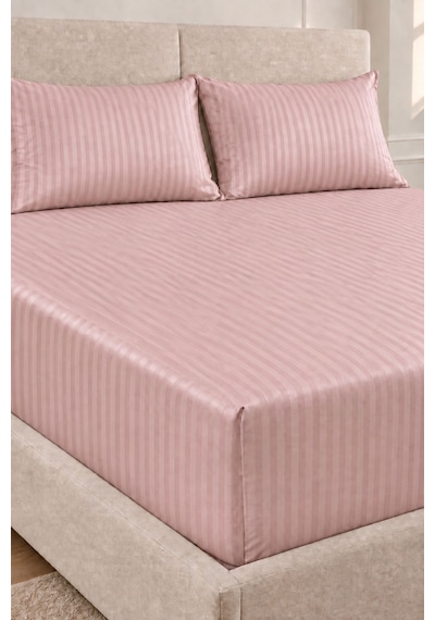 Varol %100 Pamuk Saten Stripe Çift Kişilik Lastikli Çarşaf Takımı 30 Cm 2 Yastık Kılıfı Pudra
