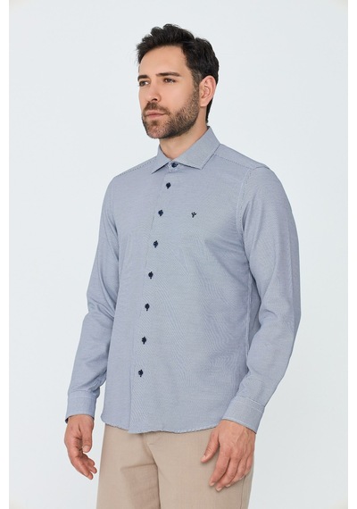 White Stone Lacivert Mikro Desenli Dynamic Fit Erkek Uzun Kollu Gömlek