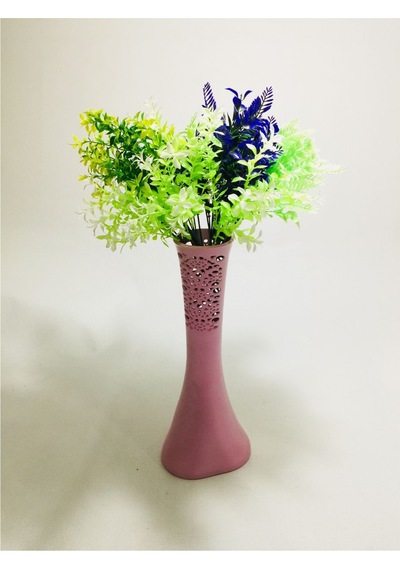 Uzun 40cm Pembe Desenli Mor Yeşil Tonları Yapay Çiçekli Vazo