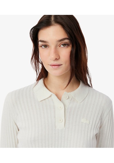 Lacoste Kadın Triko Uzun Kollu Polo Yaka Ekru