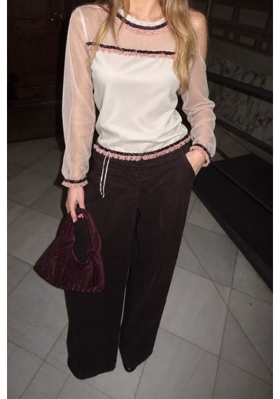 Verymoda Tül Detaylı Bluz F1634 Krem