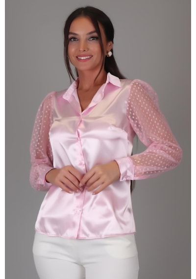 Sweetness Kadın Pembe Saten Tül Kollu Abiye Gömlek Pembe