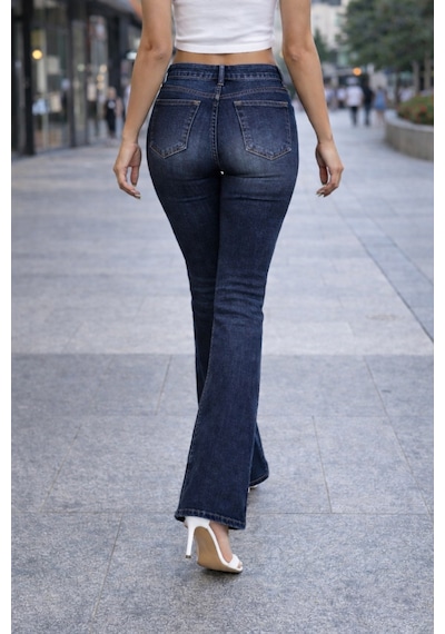 Cedy Denım Yüksek Kalite Kadın 5 Cep Düşük Bel İspanyol Paça Skinnyfit Esnek Jean Pantolon C619 Lacivert
