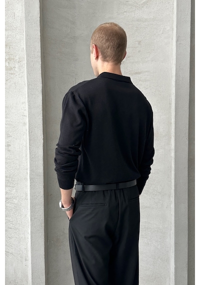 Erkek Pamuklu Polo Yaka Oversize Triko Kazak Siyah