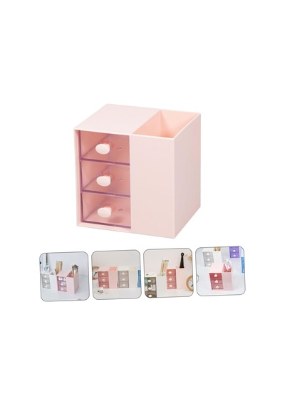 Masaüstü Kalemlik Organizer 7 Bölmeli Kawaii Kapaklı Mini Çekmeceli Kalemlik - Pembe Pembe