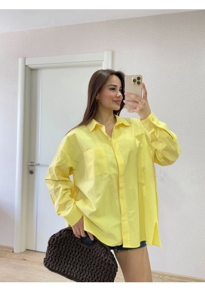 Defymoda Yakalı Yandan Yırtmaçlı Gömlek - Sarı Sarı