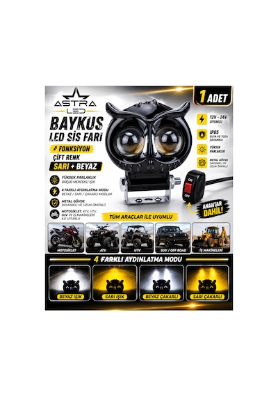 Baykuş Led Sis Farı Çakarlı 4 Fonksiyon Çift Renk Sarı-beyaz Moto-offroad-suv-iş Makinesi Açma Kapama Anahtarlı