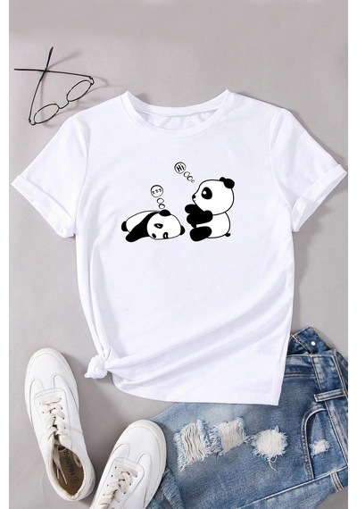 Unisex Uykucu Panda Baskılı Tasarım Tshirt Beyaz
