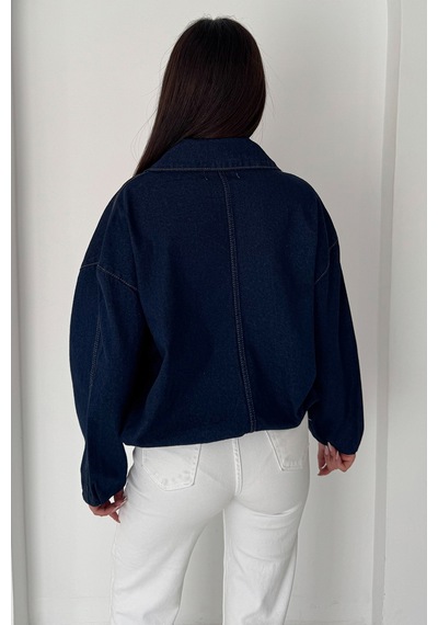 Blanco Kadın Kemer Detaylı Kot Ceket Oversize Fermuarlı Denim Ceket Lacivert Lacivert