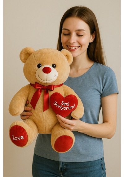 47 Cm Krem Kalpli Peluş Ayı Seni Seviyorum Hediyelik Ayıcık Sevgiliye Romantik Hediye
