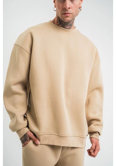 Erkek Uzun Kol Bisiklet Yaka 3 İplik Pamuklu Kışlık Sweatshirt - Bej