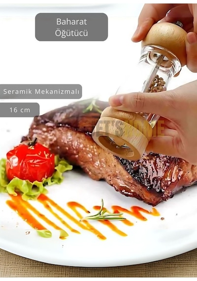 Baharat Öğütücü Kalınlık Ayarlı Karabiber Değirmeni Ahşap Tuz Değirmeni Seramik Bıçaklı 16 Cm Şeffaf
