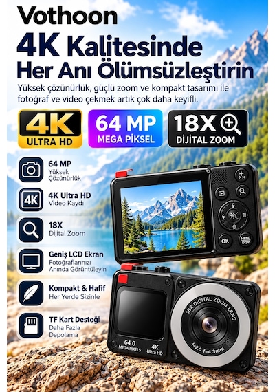 4k Dijital Fotoğraf Makinesi 18x Dijital Zoom 64 Mp Ön Ve Arka Ekranlı Kompakt Kamera Siyah