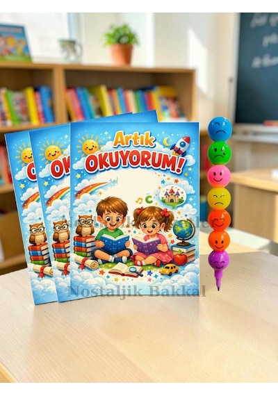 5 Set Yeni Okumayı Öğrenen Öğrencilere Hediye Artık Okuyorum Yazılı 1. Sınıf Hatırası Keçeli Kalem Tebrik Kartı Hediyeli