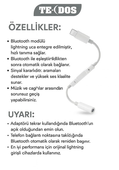 Apple Uyumlu iPhone iPad  8 Pin Lightning Aux Çevirici - 3.5 Mm Kablodan Kontrollü Jack Kulaklık Adaptörü 1 Adet