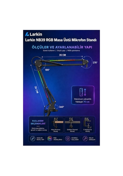 Larkin Nb39 Rgb Demir Masa Üstü Yayıncı Mikrofon Standı Boom Arm Siyah