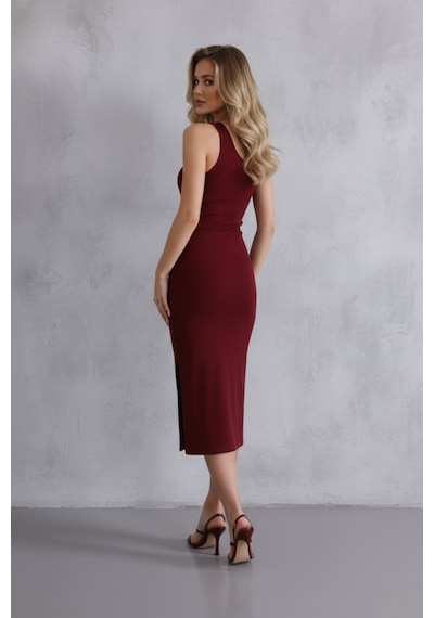 Defymoda Kadın Bordo Halter Yaka Yırtmaçlı Pamuklu Fitilli Likralı Kaşkorse Slim Fit Midi Elbise Bordo