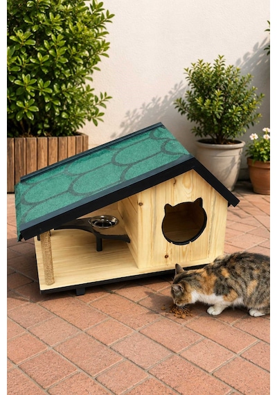 Reyo Narım Ahşap Mama Standlı Tırmalama Tahtalı Özel Tasarım Kedi Barınağı, Kedi Barınağı 74x45 Cm