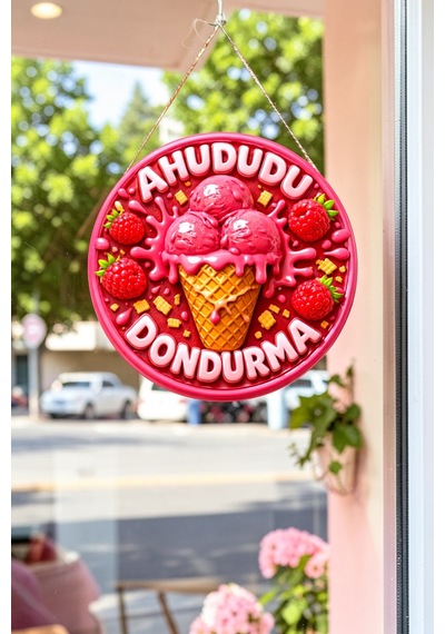 Ahududu Dondurma Görselli İpli Ahşap Kapı Ve Duvar Süsü, Cafe, Dondurmacı Tabelası, Tatlıcı Dekoru