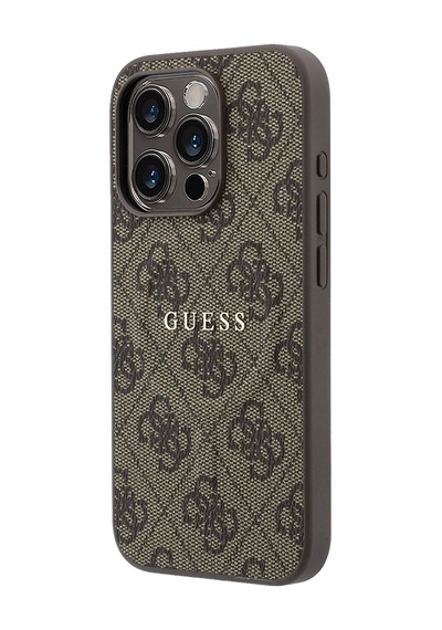 İphone 15 Pro Uyumlu Kılıf Guess Lisanslı M-safe Kabartmalı 4g Desenli Yazı Logolu Kapak Kahverengi