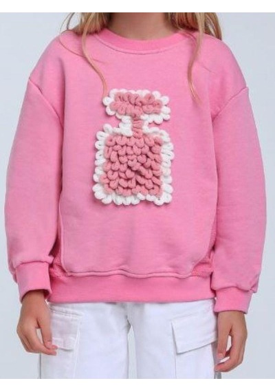 Kız Çocuk Parfüm Şişesi Örgü Detaylı Sweatshirt-14314 Pembe