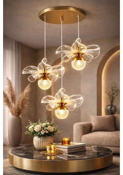 Kleopatra Model 3 Lü Gold Kaplama 3 Renk Salon Mutfak Oturma Yatak Odası Modern Led Sarkıt Avize