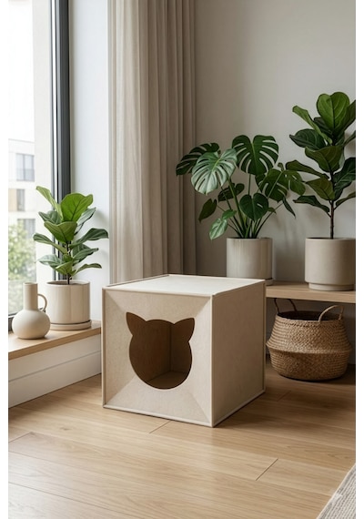 Bej Keçe Kedi Yuvası Dekoratif Mama Kabı Altlığı Hediyeli Organizer Düzenleyici Katlanabilir