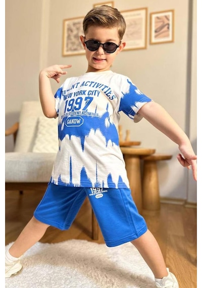 Riccotarz Erkek Çocuk New York City Ve Yazı Baskılı T-shirt Mavi Şortlu Takım Mavi