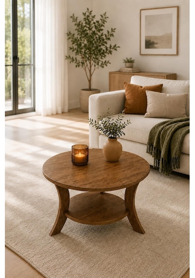 Orta Sehpa Ceviz 75 Cm Çap - Mdf Ayak 46 Cm Yükseklik Modern Orta Sehpa Ceviz