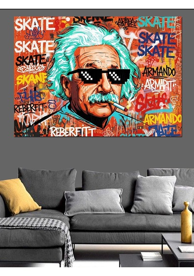Ahşap Tablo Renkli Grafiti Tarzında Einstein Portresi