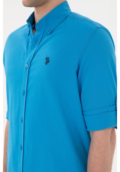 U.S. Polo Assn. Erkek Mavi Keten Görünümlü Basic Gömlek 50306285-VR007
