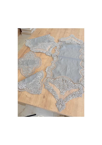 Salon Takımı Çeyizlik Gri Runner Set 5 Parça Keten Masa Örtüsü Runneri Gerdan Bzckh1960 Çok Renkli