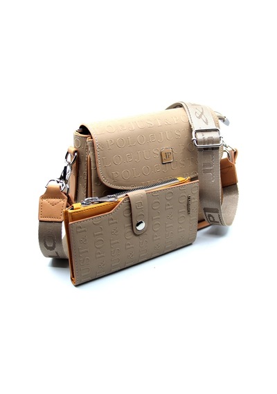 Just Polo Vizon Baskı Desenli Kolon Askılı 4 Bölmeli Kadın Omuz Çantası Ve Cüzdan Kombini 25x15cm Pbu2184 Vizon