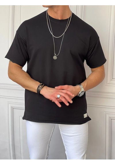 Modefendi Pamuk Likra Yırtmaç Detaylı 2 İplik Oversize Tshirt Siyah