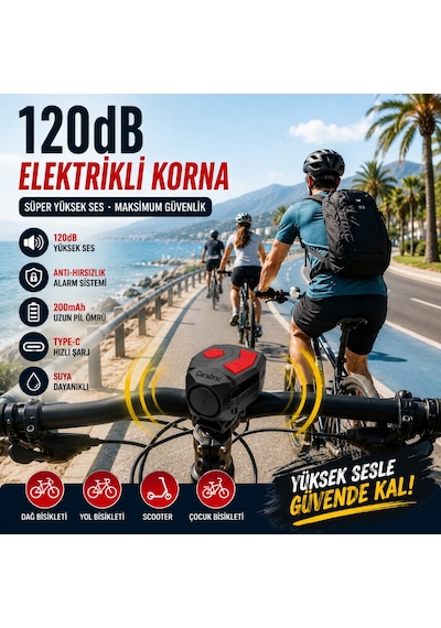 Triline 120 Db Usb Şarjlı Bisiklet Kornası Alarm Zili Anti Hırsızlık Elektrikli Korna Scooter Siyah