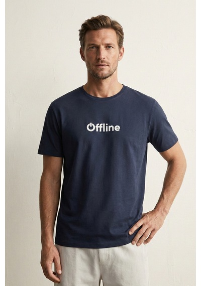 Elemge %100 Pamuk Süprem Pijama Üstü T-shirt Compact Penye Erkek Rahat Kalıp Lacivert Kısa Kol Offline Bask
