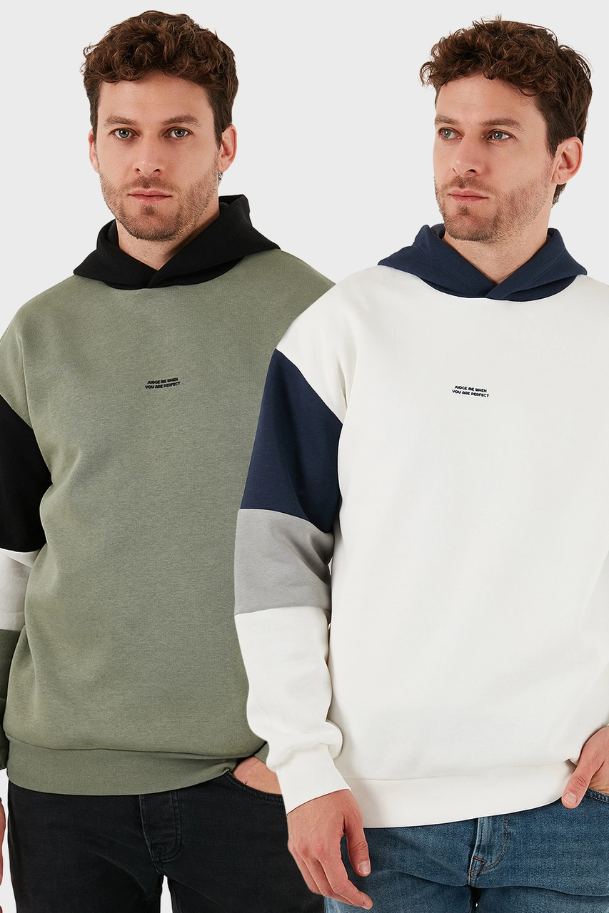 Buratti Pamuklu Relaxed Fit Kapüşonlu Içi Tüylü Yumuşak Şardonlu 2' Li Paket Erkek Sweat 5905299S2 Ekru-Haki