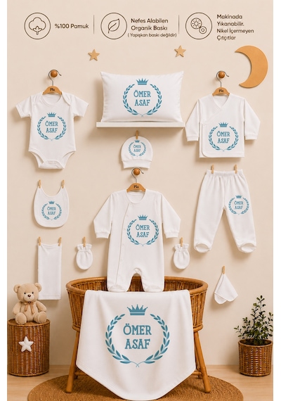 Pia Baby İsimli Kız Bebek Hastane Çıkışı 11 Parça %100 Pamuk Organik Baskılı Kişiye Özel Set 2086113x Ekru