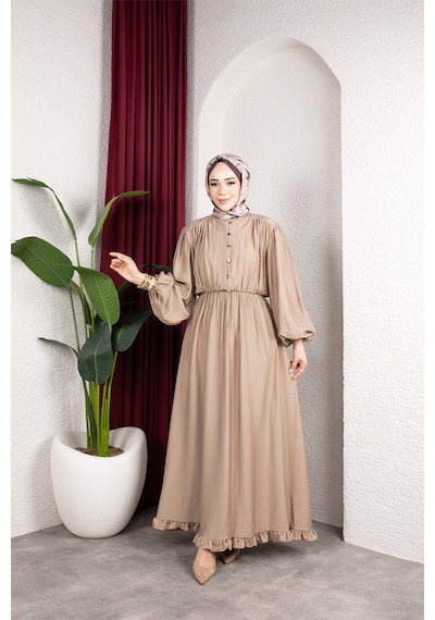 Hira Life Fashion Kadın Çilek Kumaş Ve Önü Düğmeli Eteği Fırfırlı Hakim Yaka Elbise Bej Bej