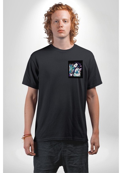 Shinobu Kocho Demon Slayer Siyah Oversize Unisex Ön Sol Yan Minimal Baskılı Tişört Koyu Siyah