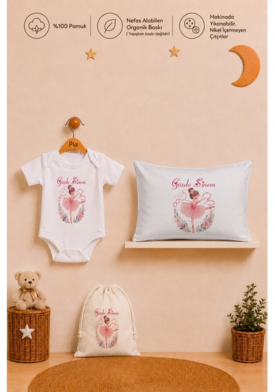 Pia Baby İsme Özel Kız Bebek Hediyesi %100 Pamuk Organik Baskılı Body Yastık Kılıfı Ve Ham Bez Kıyafet Kesesi 1058bykyx Ekru