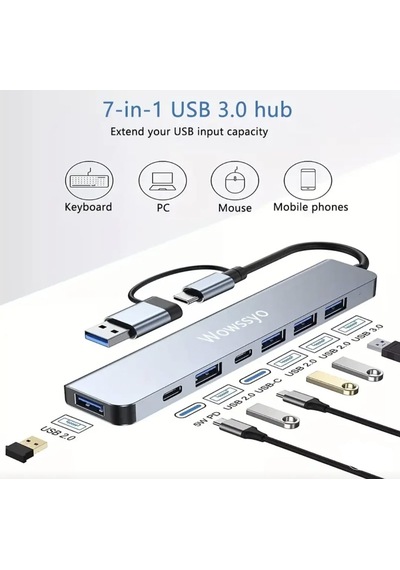 Wowssyo 7'nin 2'si Usb 3.0/usb 2.0/type-c/ Çoğaltıcı Hub Çoklayıcı Ce Sertifikalı Lisanslı 7 Port Hızlı Sağlam Metal