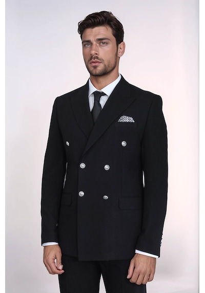 Gümüş Düğmeli Slim Fit Kruvaze Siyah Erkek Takım Elbise Wessi Siyah