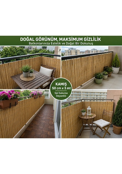 Polybotum Premium Doğal Kamış Hasır Balkon Çiti 50x300 Cm Sık D