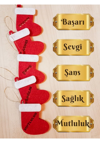 Yılbaşı Keçe Çizme Süs Seti 5 Adet Dilek Temalı Noel Ağaç Süsü
